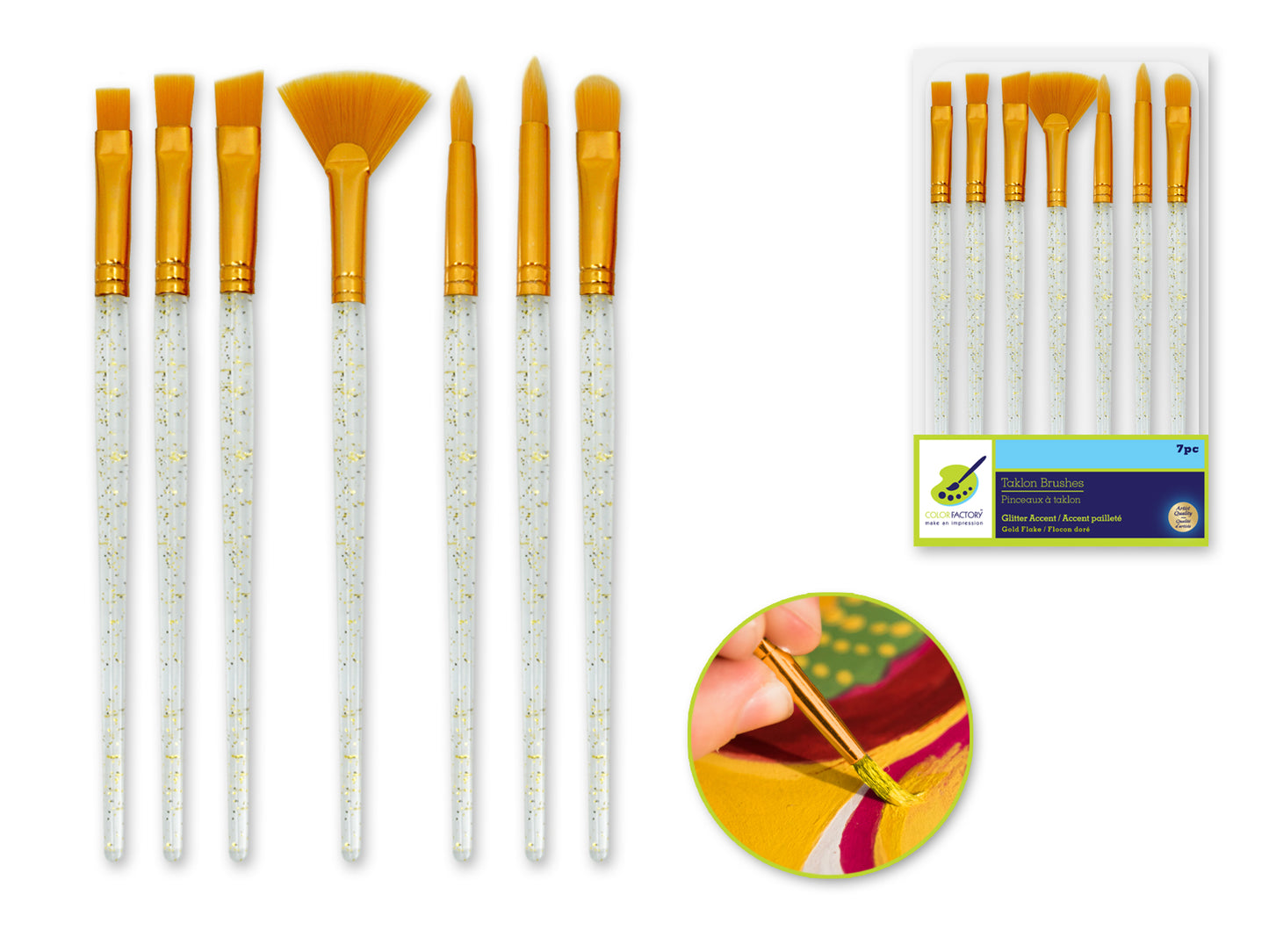 Artist Brush Set: Taklon Glitter Accent Series x7 Clear PS Handle Gold Flake Versatile 1