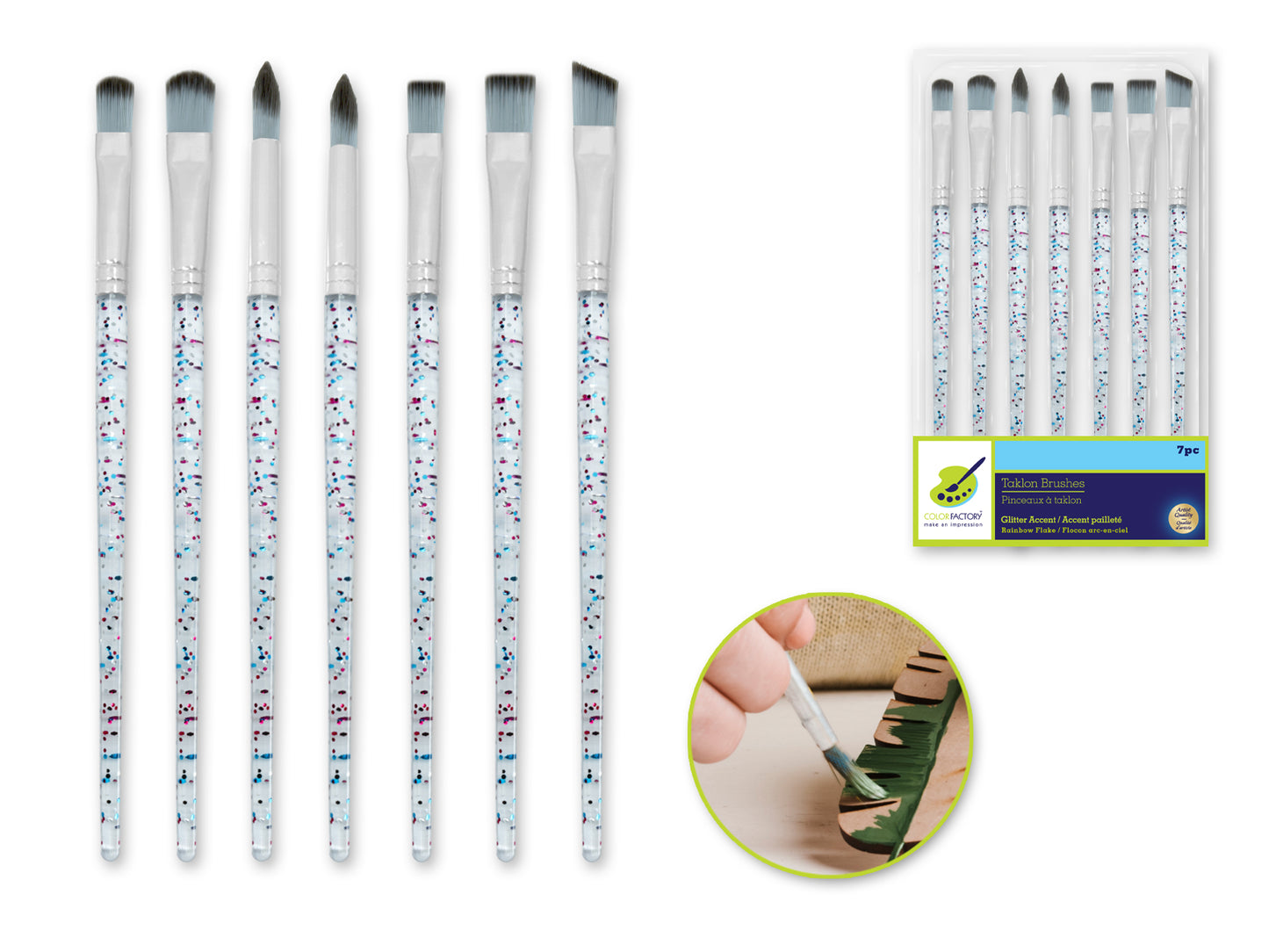 Artist Brush Set: Taklon Glitter Accent Series x7 Clear PS Handle Rainbow Flake Versatile 2