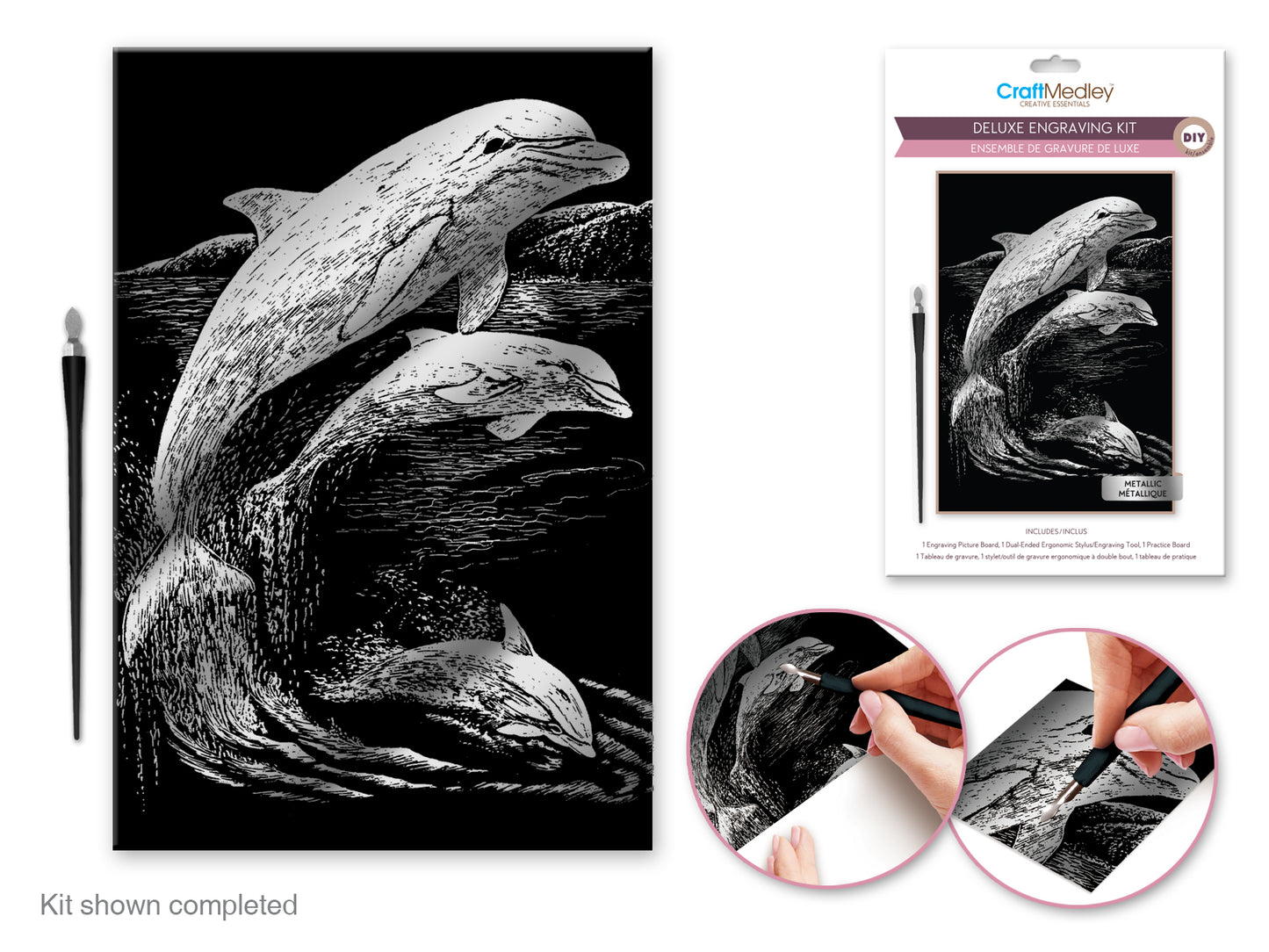 Craft Medley Kit: Deluxe Engraving Art DIY Kit Metallic~ Dolphin Family