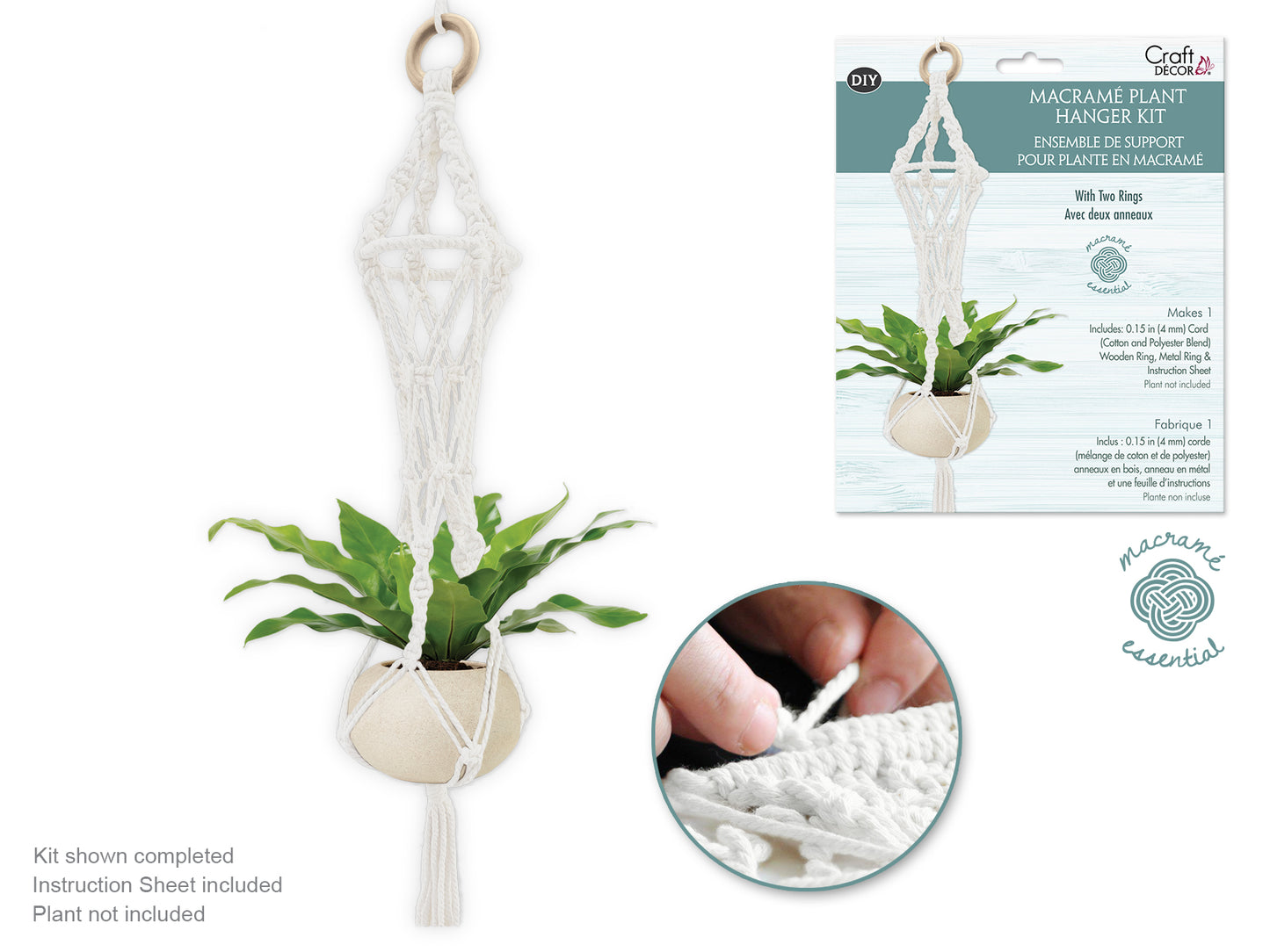 Craft Decor: DIY Macramé Planter Hanger Kit w/Wood Ring - White