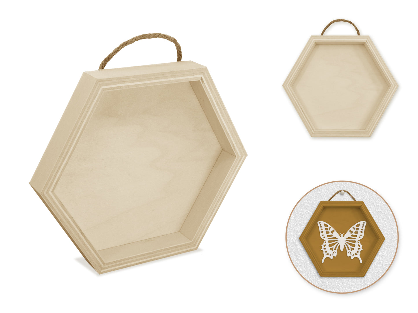 Wood Craft: 5" DIY Shadow Box w/Jute Hanger Hexagon