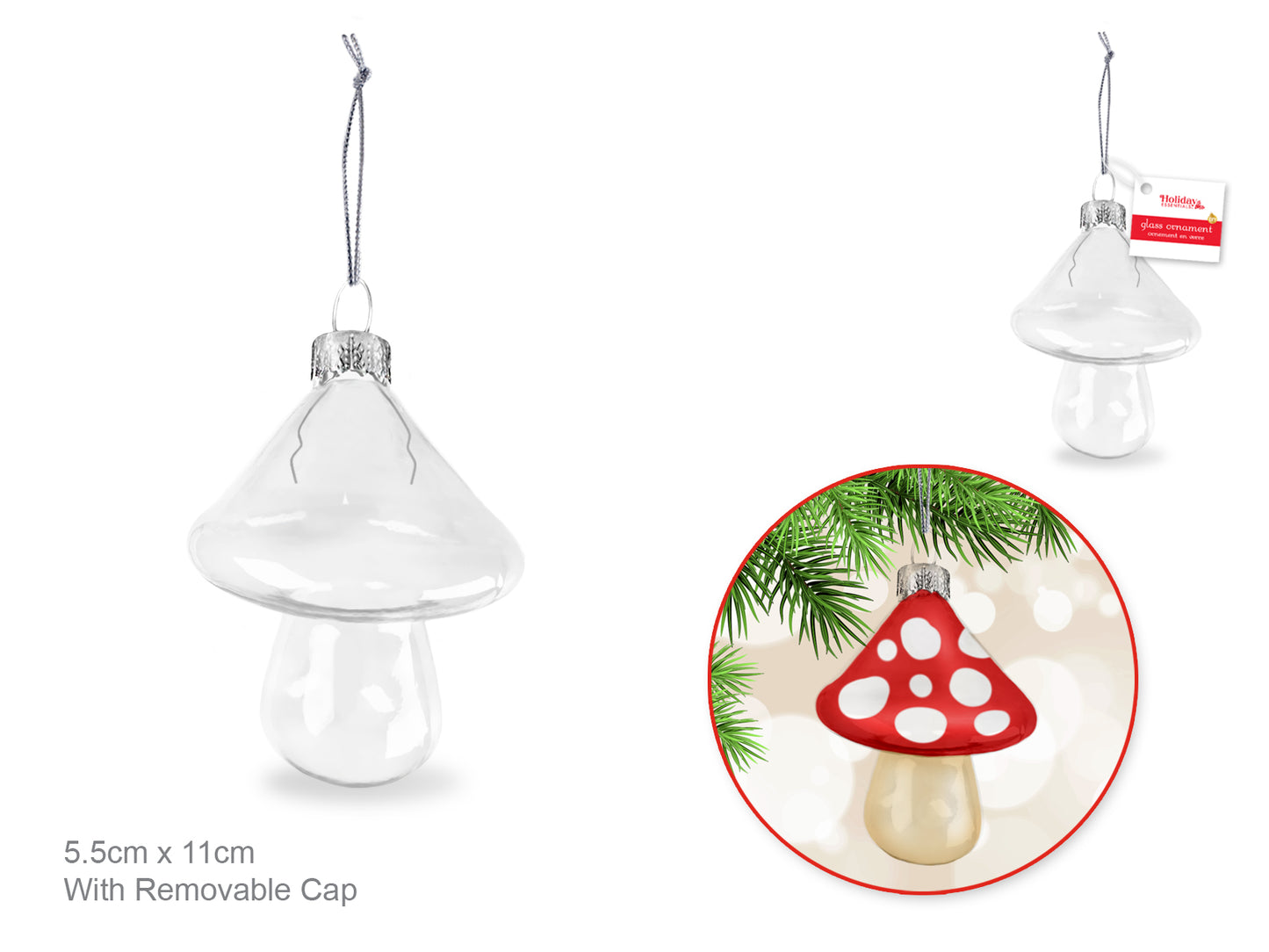 Seasonal Décor: 2.2"x4.3" Mushroom Clear Glass Orn w/Metal Hanger