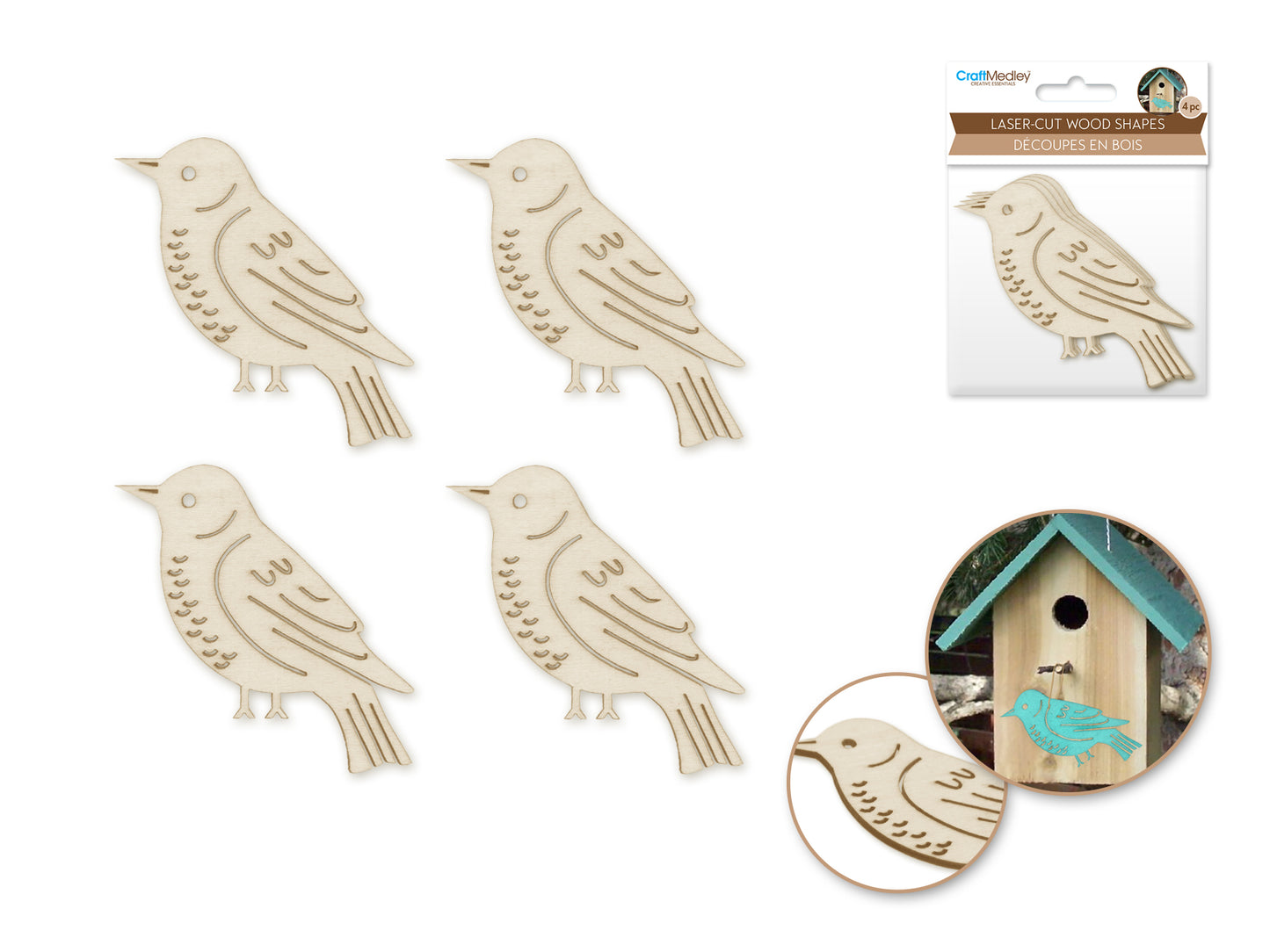 Wood Craft: 8cm Laser-Cut Ornate Wood Shapes x4 Birdie