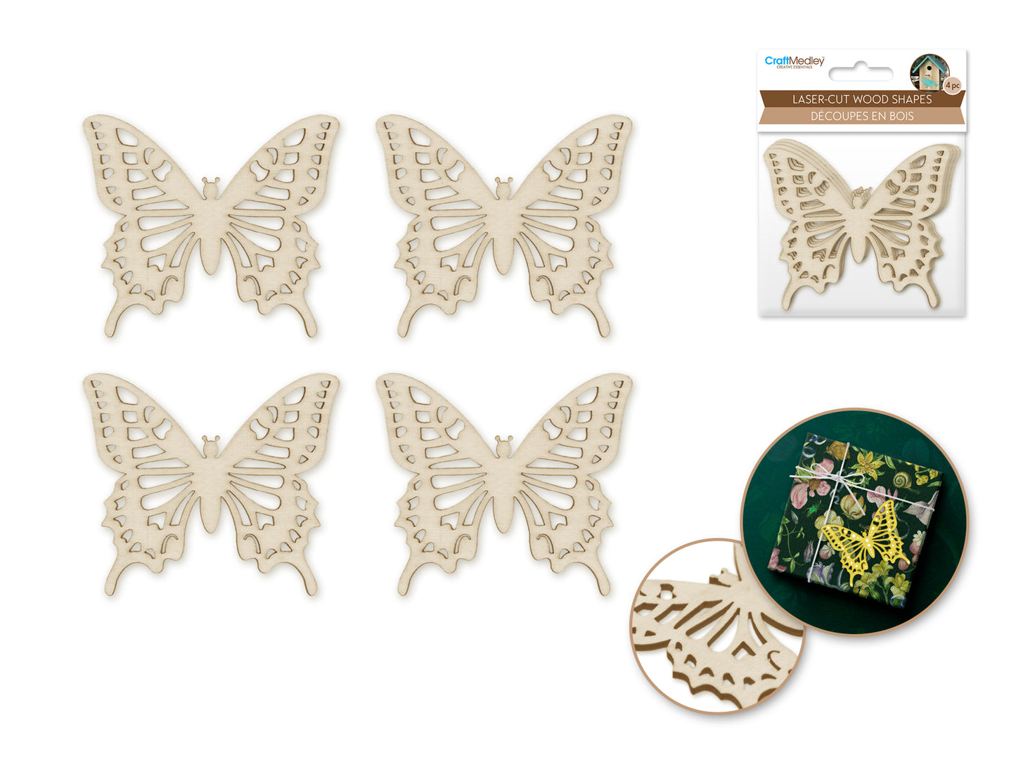 Wood Craft: 8cm Laser-Cut Ornate Wood Shapes x4 Butterfly 2
