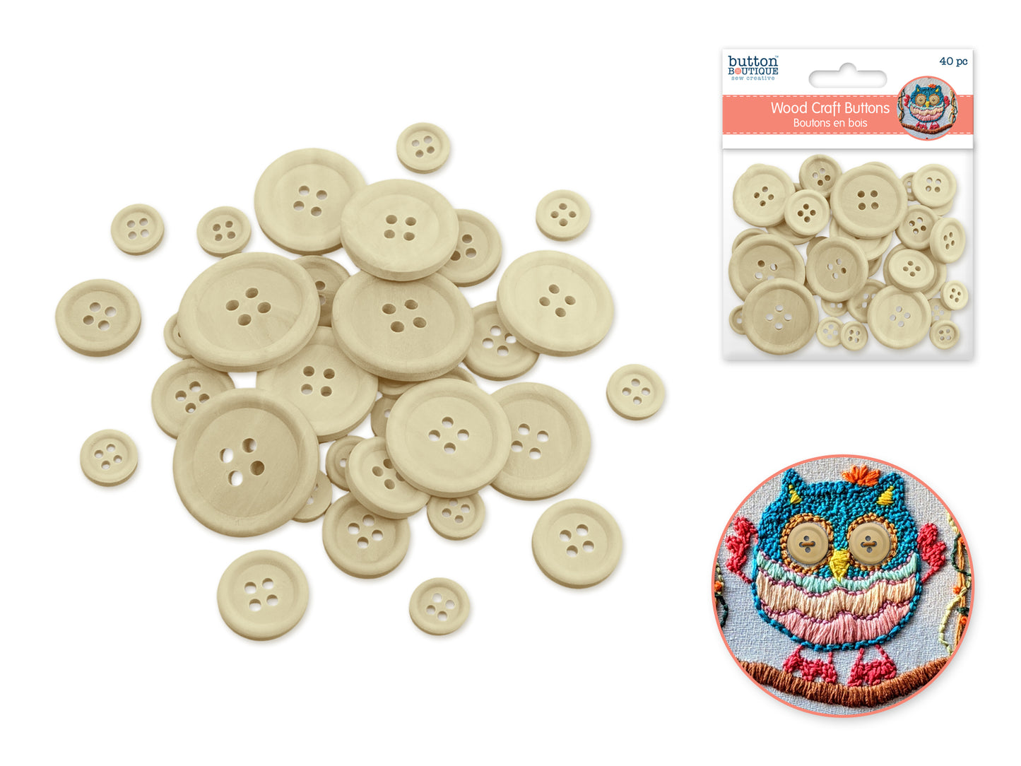 Button Boutique: Wood Craft Button Medley 40pc Natural