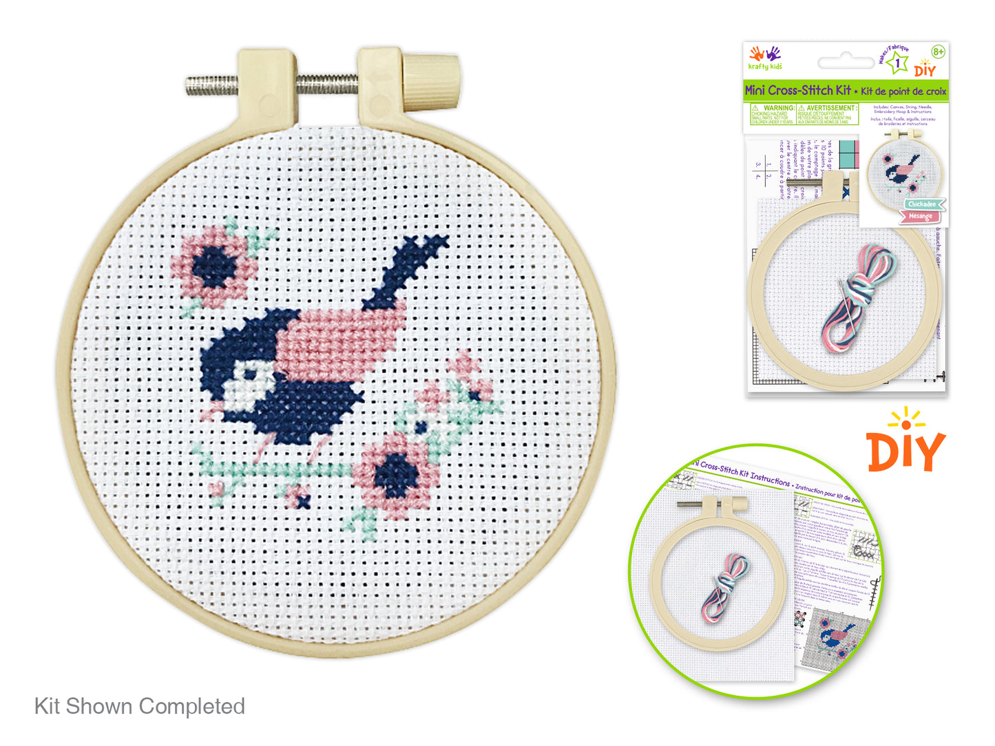 Krafty Kids Kit: DIY Mini Cross-Stitch Kit Pink Chickadee