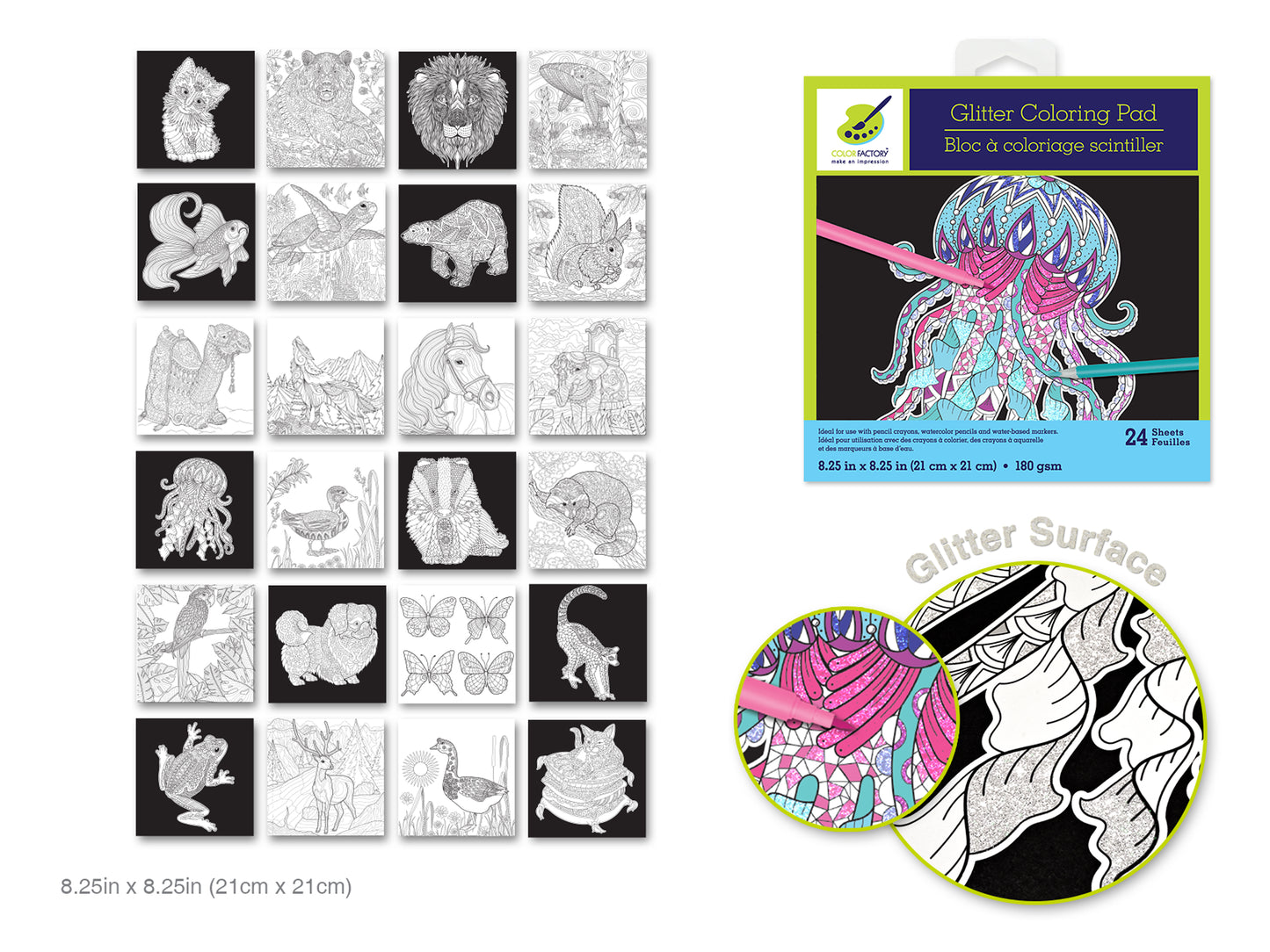 Color Factory: Glitter Coloring Pad 8.25"X8.25" 180Gsm 24Sht Wild Things