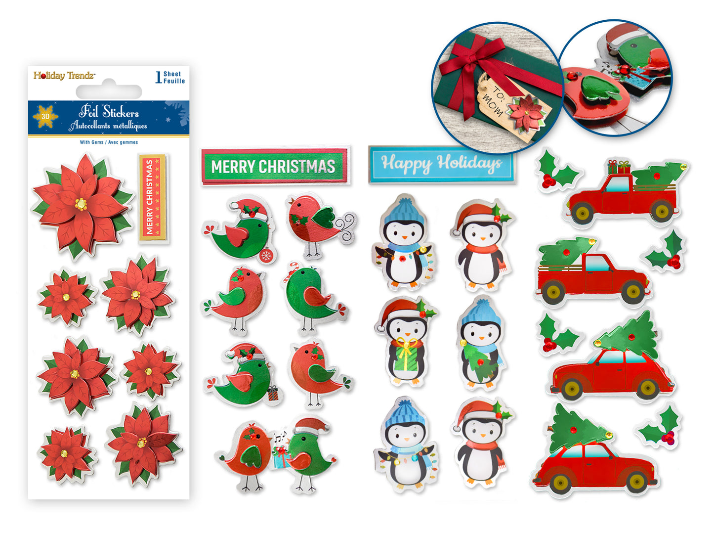 Holiday Stickers: 3"x6.4" 3D Foil Icons w/Gems Seasonal Icons