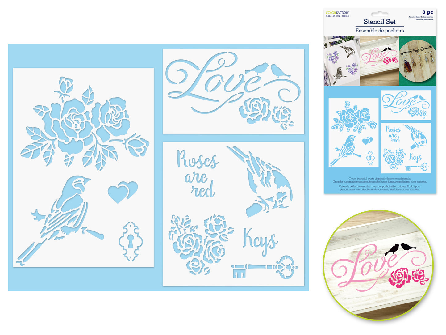 Color Factory: 3pk Multi-Media Stencil Set Asst Sizes Roses are Red