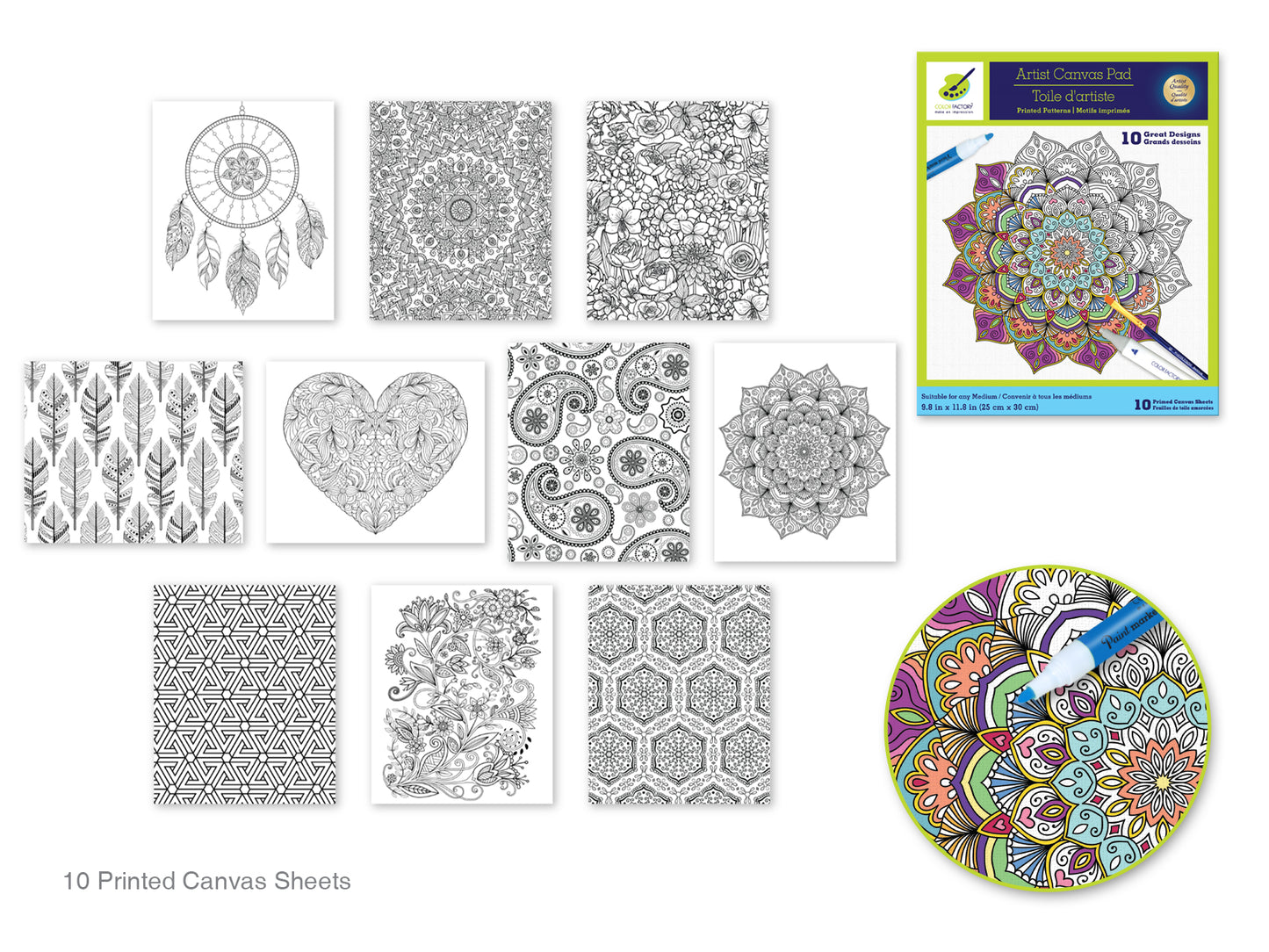 Color Factory: 9.8"x11.8" Canvas Pad w/Design Outlines 10Sheet Asst Abstract Art