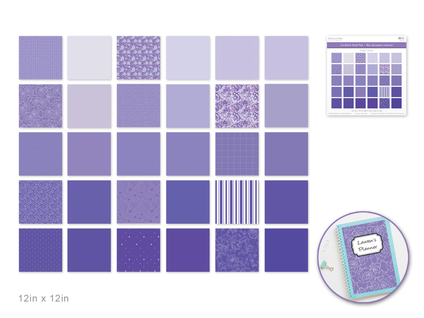 Cardstock: 12"x12" Color Theme Stack Pad x30 Double-Sided 230GSM Purple