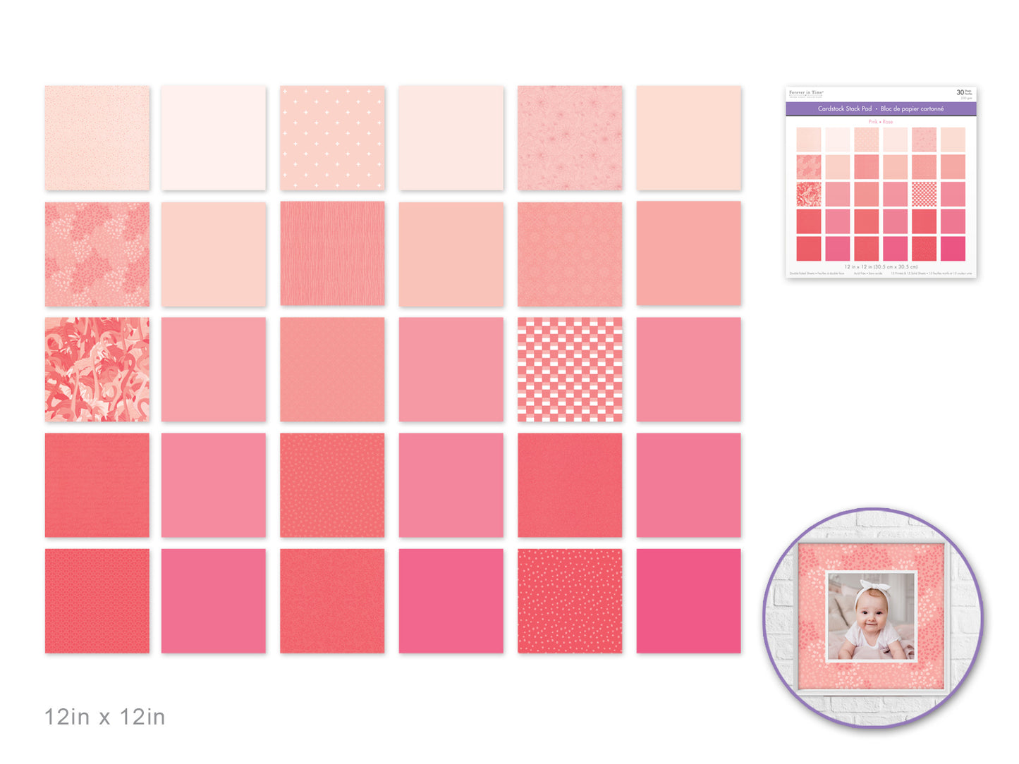 Cardstock: 12"x12" Color Theme Stack Pad x30 Double-Sided 230GSM Pink