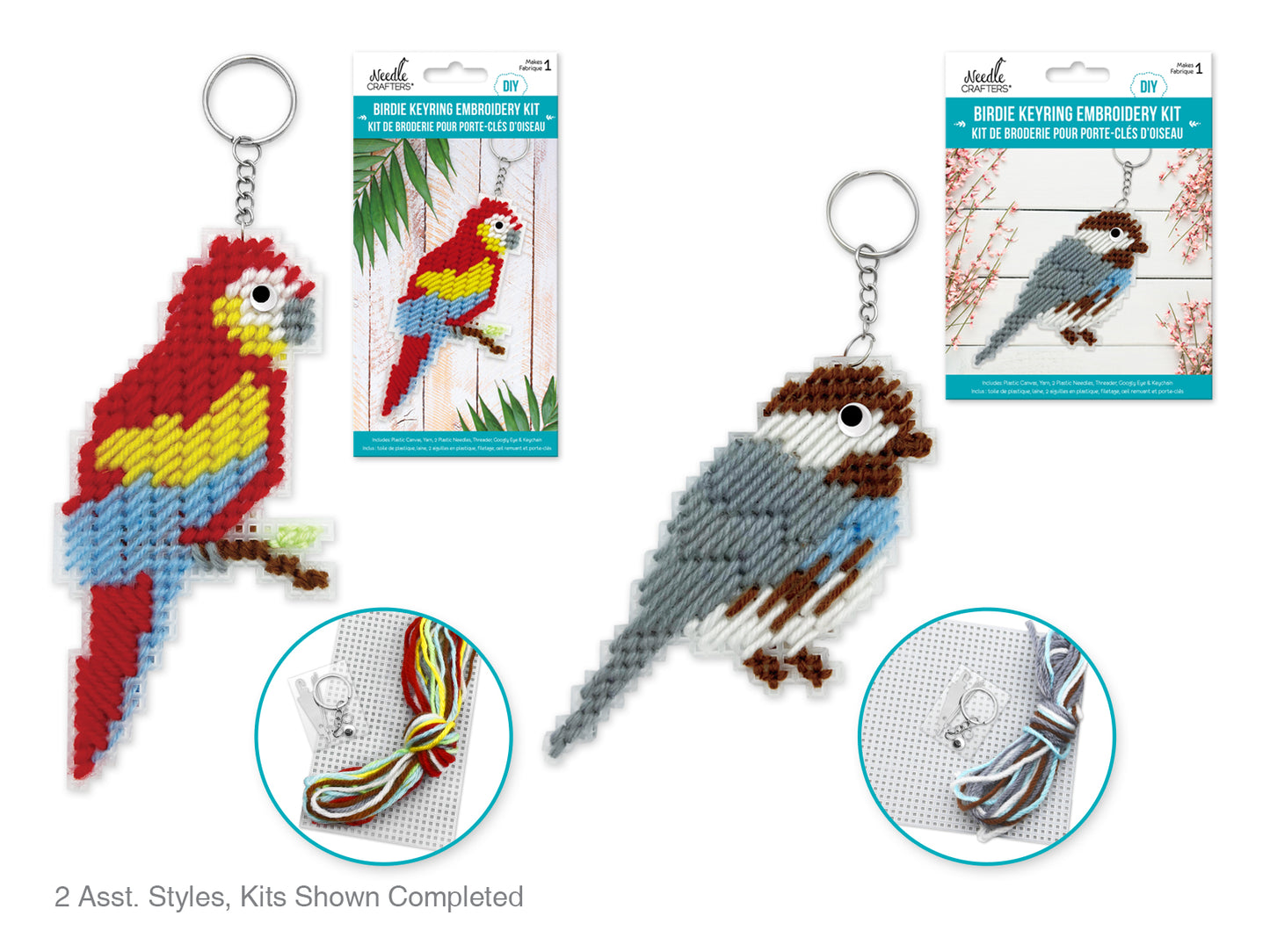 Needlecrafters Kit: DIY Plastic Canvas Birdie Keyring Cross-Stitch Kit Chickadee & Parrot