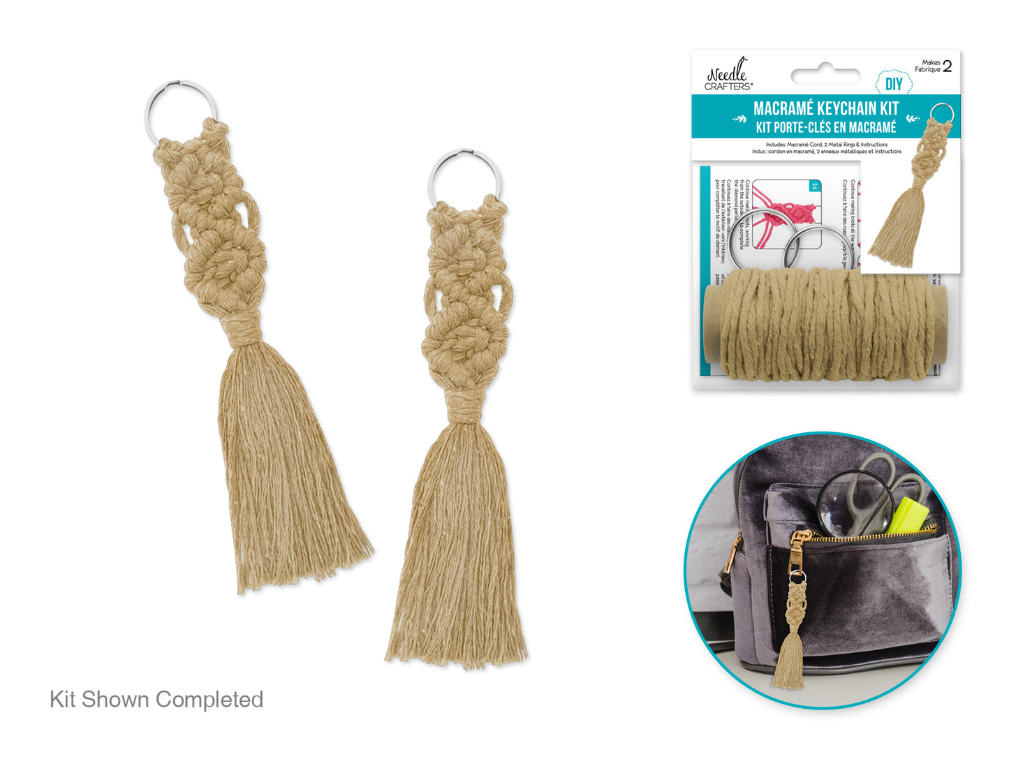 Needlecrafters: DIY Macramé Keychain Kit w/Key Ring~ Makes 2 Blue