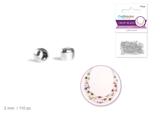 Jewelry Findings: 2mm Crimp Beads x110 Brass Metal  Silver Plating