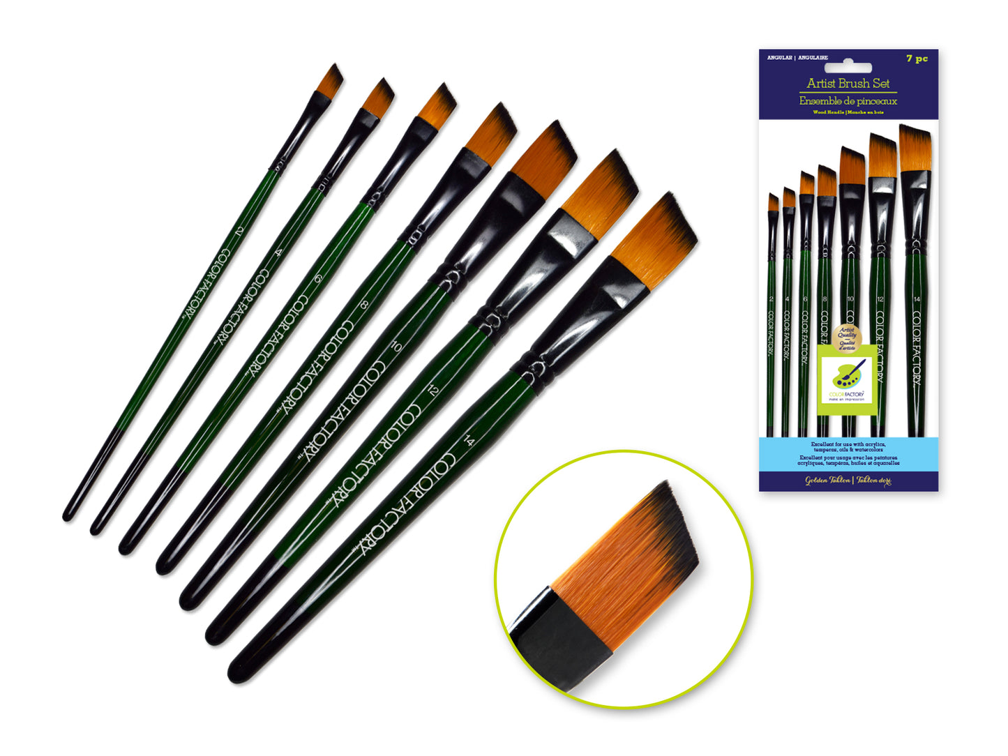 Artist Brush Set: 'Fierce' Art Set x7 Wood Handle Angular