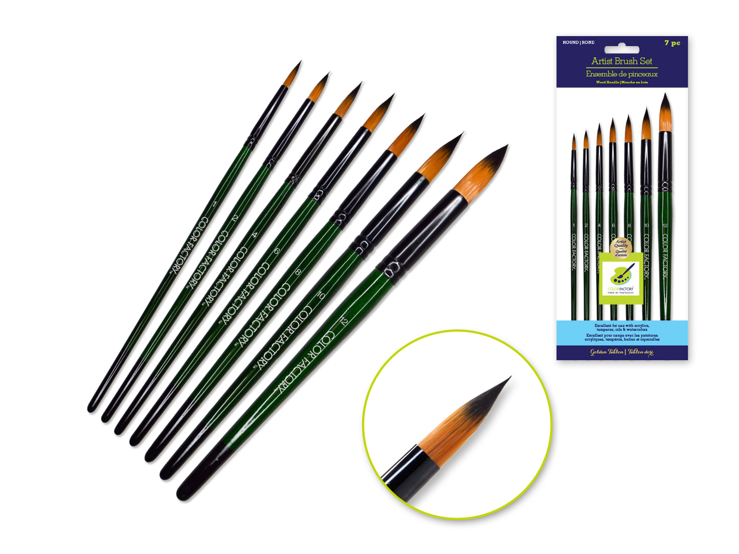 Artist Brush Set: 'Fierce' Art Set x7 Wood Handle Round