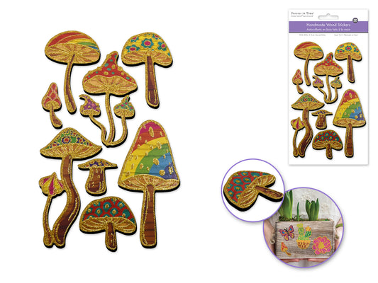 Handmade Sticker: 4.5"x7.3" 3D Laser-Cut Wood Glitter Icons  Mushroom