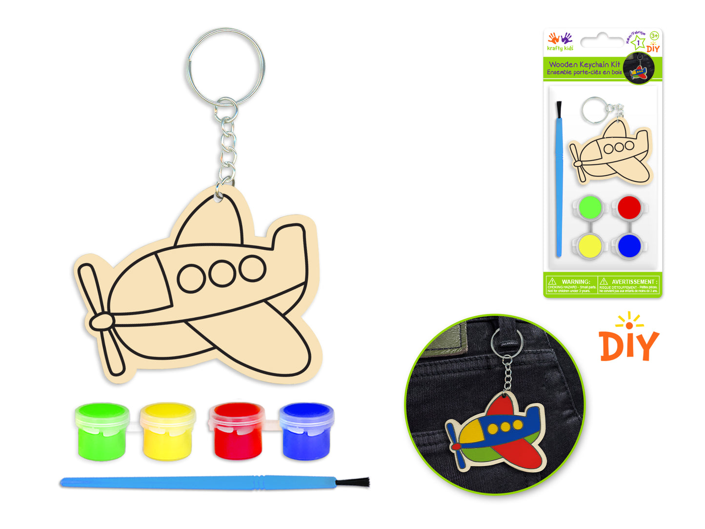 Krafty Kids Kit: DIY Wood Keychain Kit w/4 Paint Pots+Brush Plane