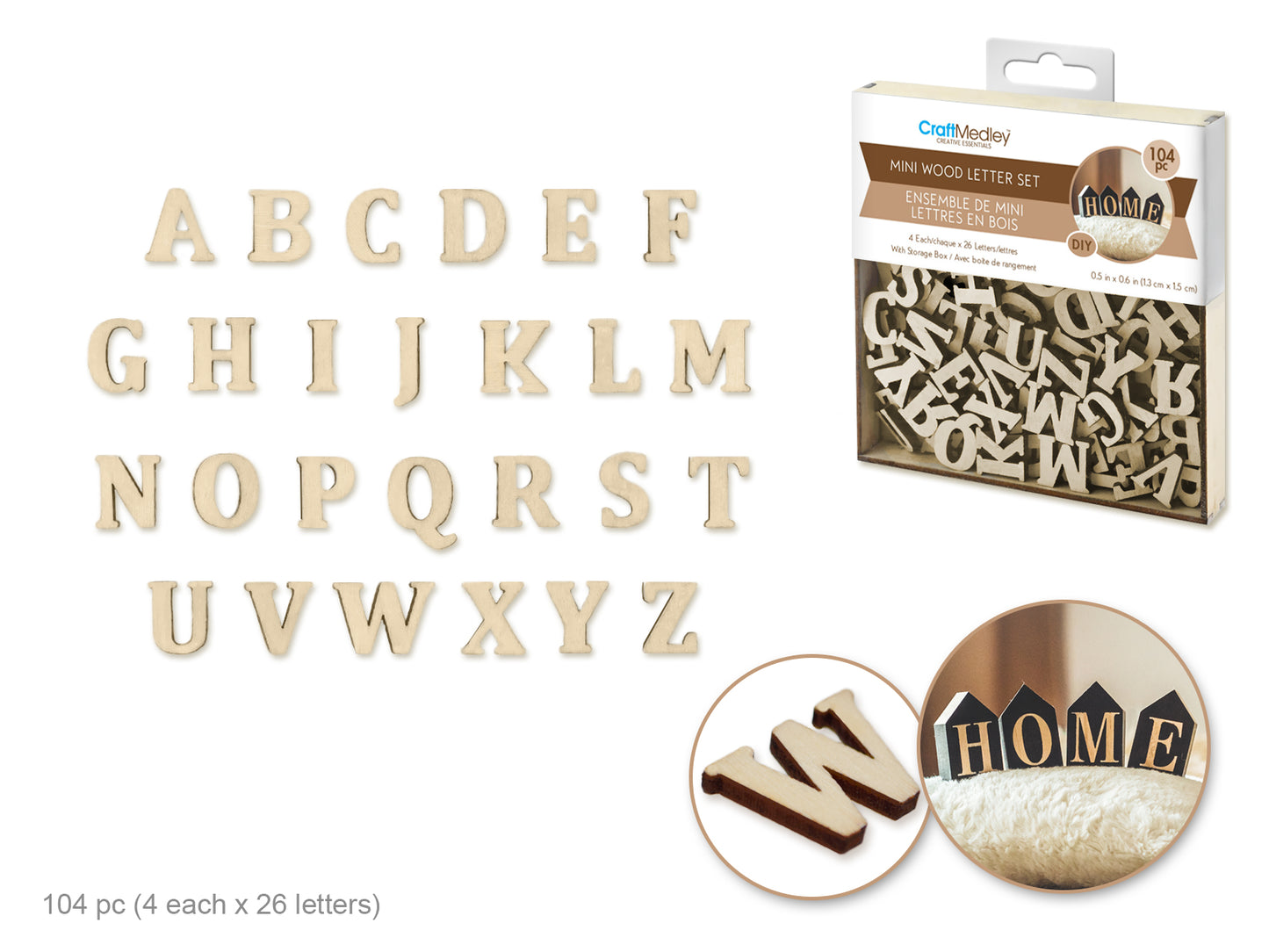 Craftwood: 1.3x1.5cm Mini Letter Box Set 104pc (4ea x 26 Letters) 2mm(T) Natural