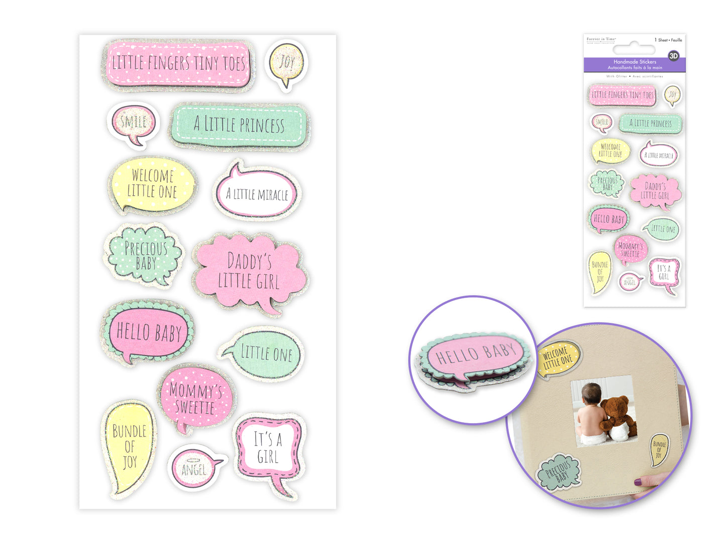 Handmade Sticker: 3D Glitter Cardstock Elements 250gsm Baby Girl