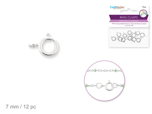 Jewelry Findings: 7mm Ring Clasp x12 w/Spring  Silver