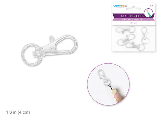 Jewelry Findings: 1.63" Key Ring Clip x4 w/Swivel Ring Silver