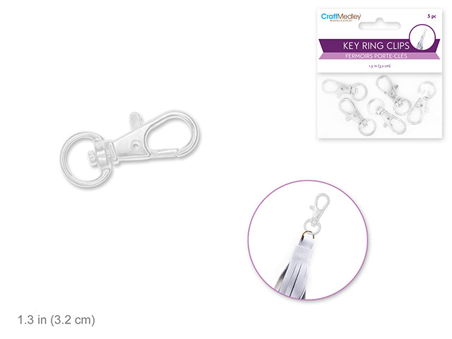 Jewelry Findings: 1.25" Key Ring Clip x5 w/Swivel Ring  Silver