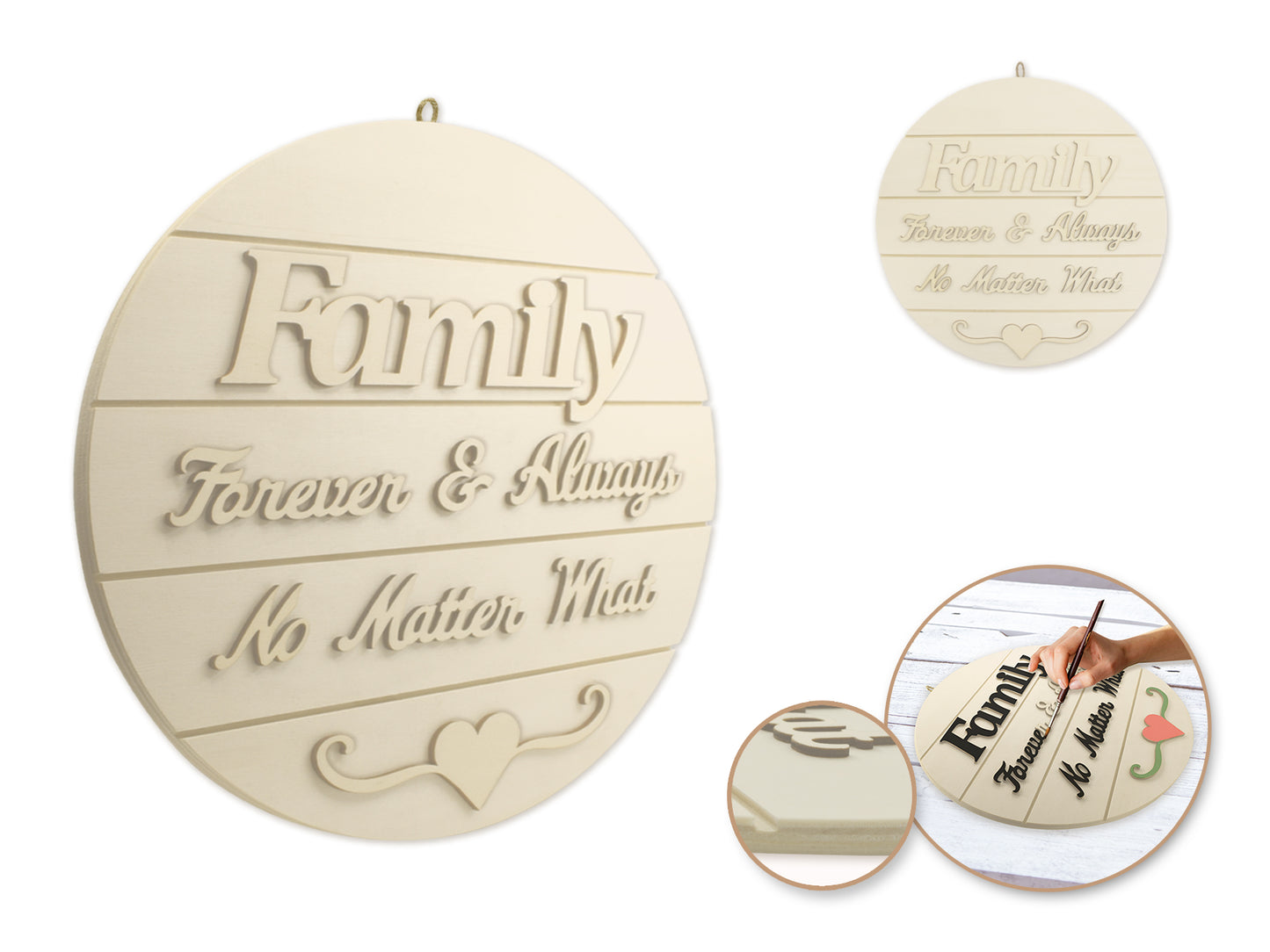 Wood Decor: 14" DIY Round Slat-Wall Sign Plaque 3D w/Jute Hanger Families Are Forever