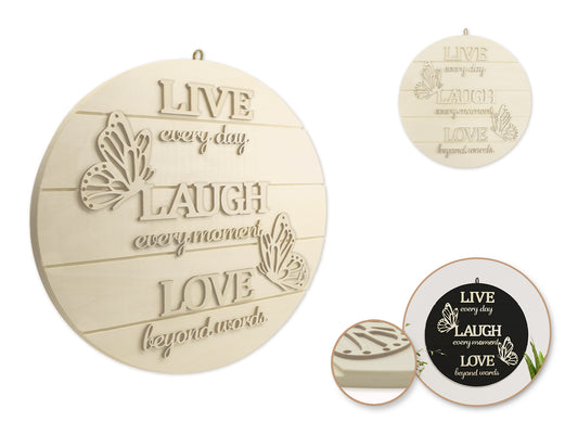 Wood Decor: 14" DIY Round Slat-Wall Sign Plaque 3D w/Jute Hanger Live Every Moment
