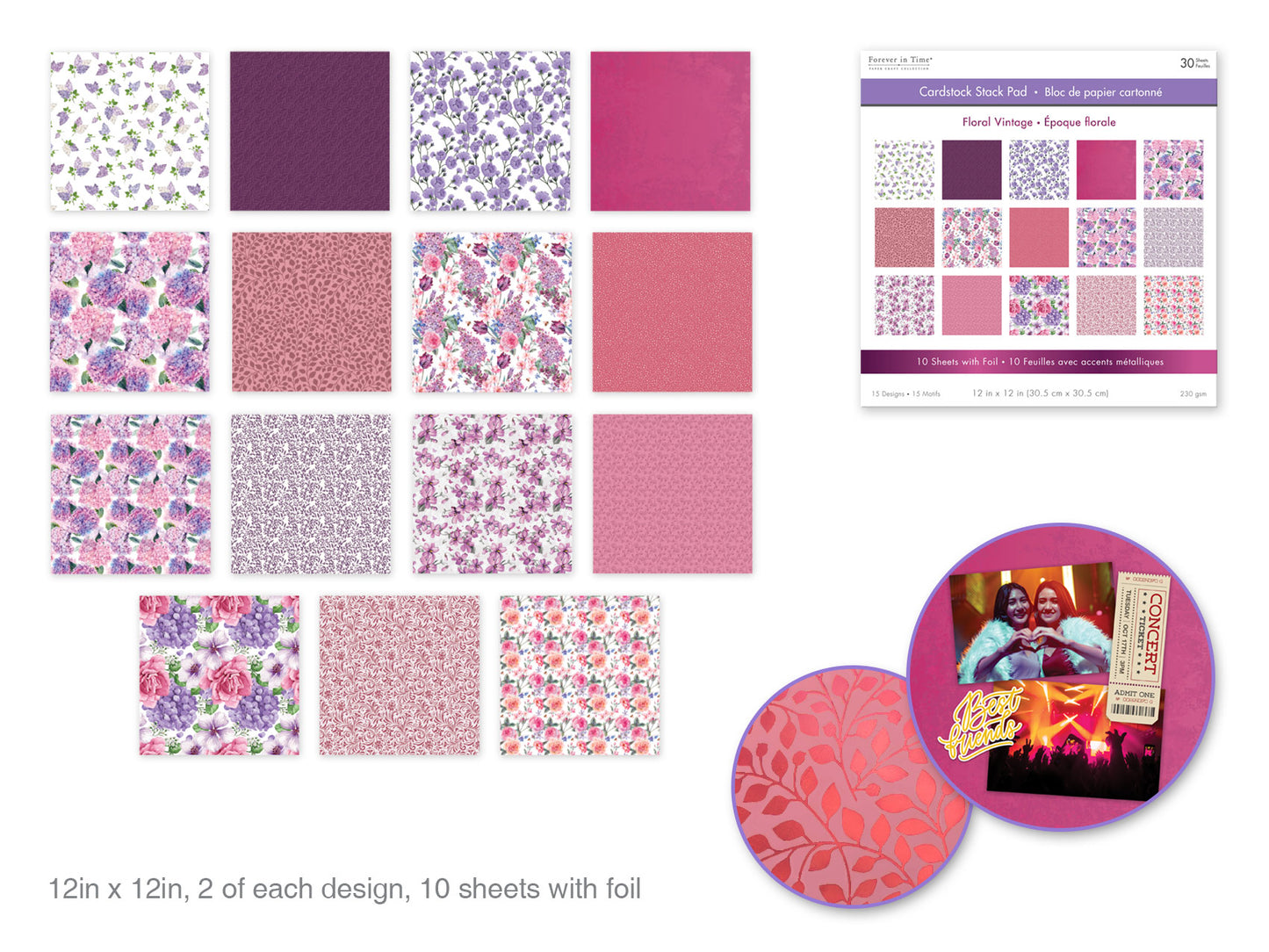 Cardstock: 12"x12" Foil Themed Stack Pad x30 (15 Designs) 230GSM Floral Vintage