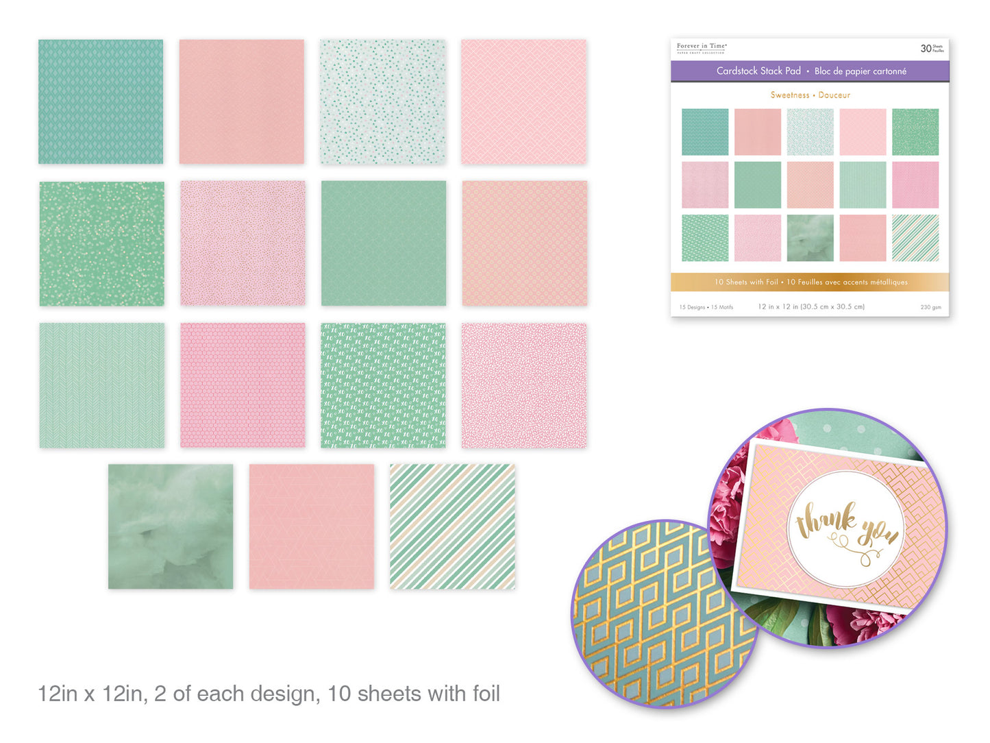 Cardstock: 12"x12" Foil Themed Stack Pad x30 (15 Designs) 230GSM Sweetness