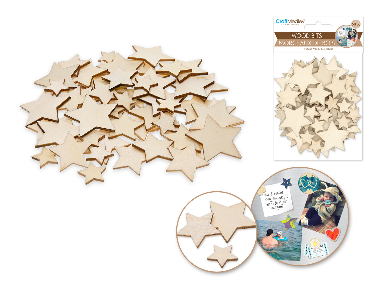 Wood Stars - 3 Sizes - 3/4", 1 1/8" & 1 1/2" - 60pc