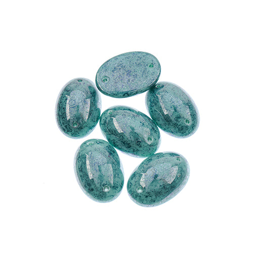 Czech Glass 2 Hole Cabochon 18x13mm Oval Opaque Marble Teal 6pc