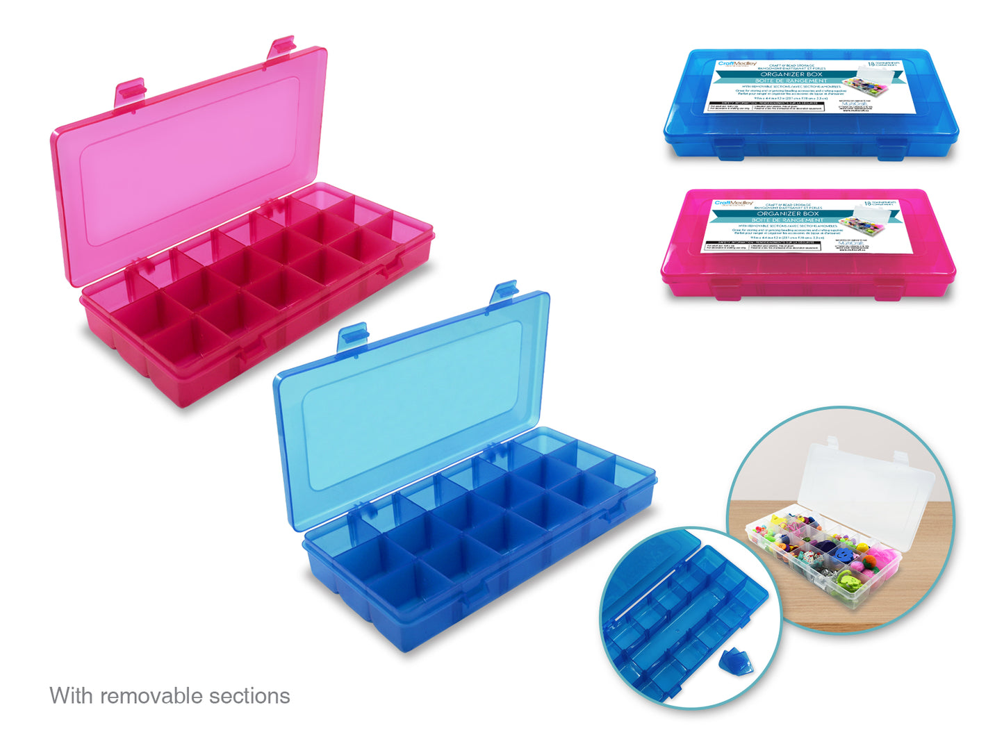 Craft Storage: 9.1"x4.4"x1.3" Organizer Box 18-Comp w/Lid Blue + Pink