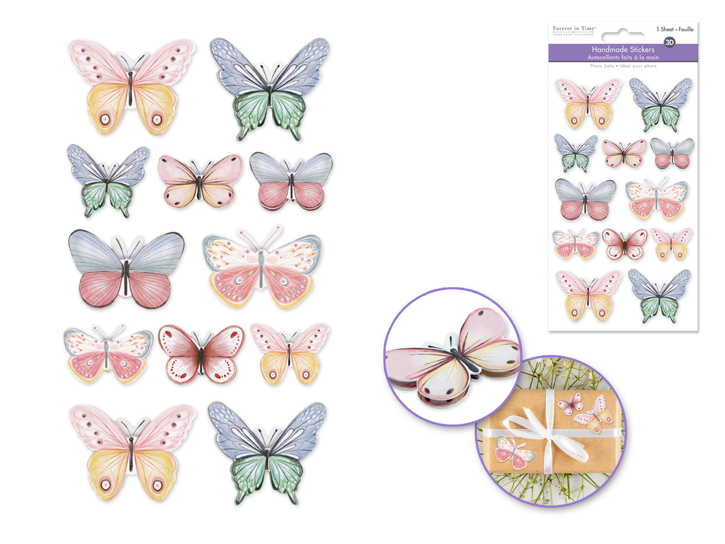 Handmade Sticker: 4.4"x7.5" 3D Themed Elements Butterflies Pastel