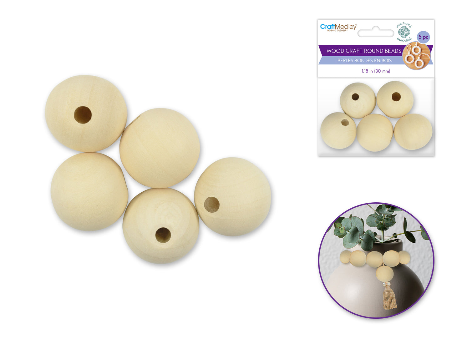 Wood Craft: Round Beads Natural H) 30mm 5pc