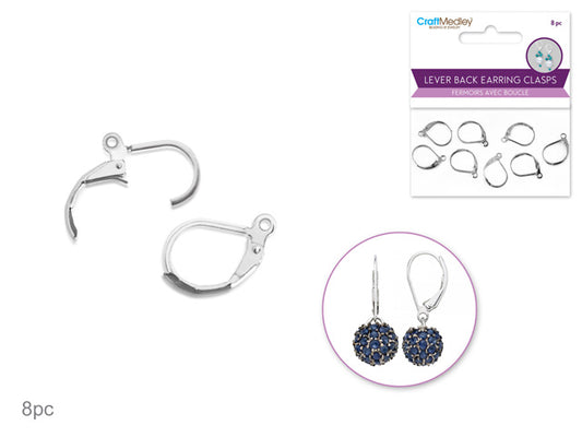 Jewelry Findings: 15mmx11mm Lever Back Earring Clasp x8 w/Loop  Silver