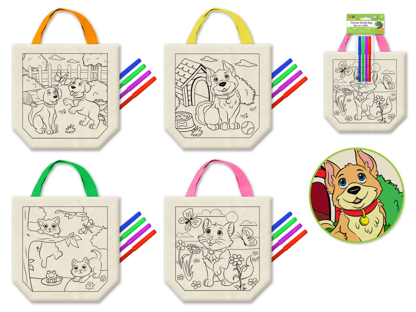 Krafty Kids Kits: Canvas DIY Goody Bags w/4 Markers Asst 12eax4styles F) Pet Fun