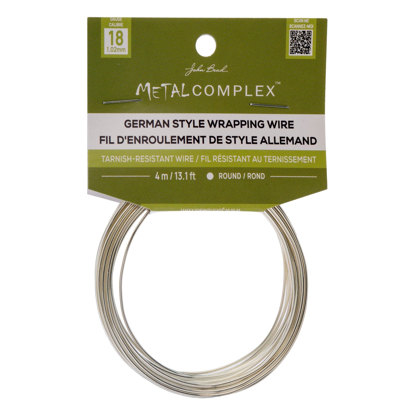 Metal Complex German Style Wire No-Tarnish RND 18ga (1.02mm) 13.1ft (4m)Silver Plated
