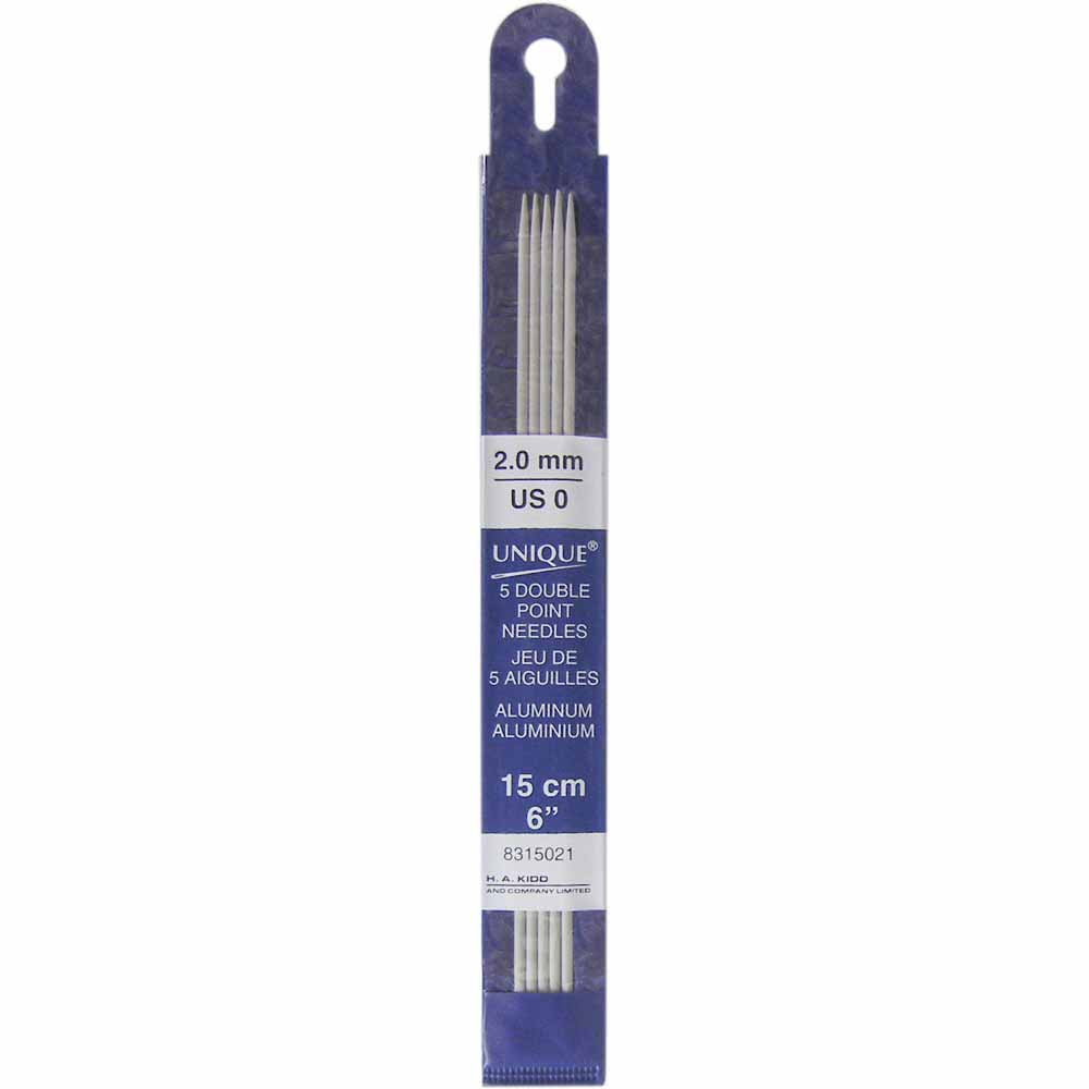 UNIQUE KNITTING Double Point Knitting Needles 15cm (6″) - Set of 5 Aluminum - 2mm/US 0