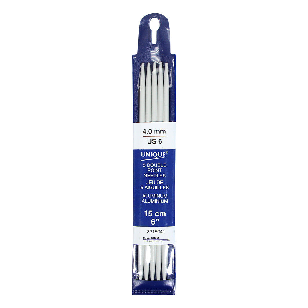 UNIQUE KNITTING Double Point Knitting Needles 15cm (6″) - Set of 5 Aluminum - 4mm/US 6