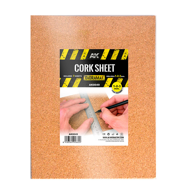 AK Interactive Cork Sheets - Fine Grained - 200 X 300 X 1-2-3mm (3 Sheets)