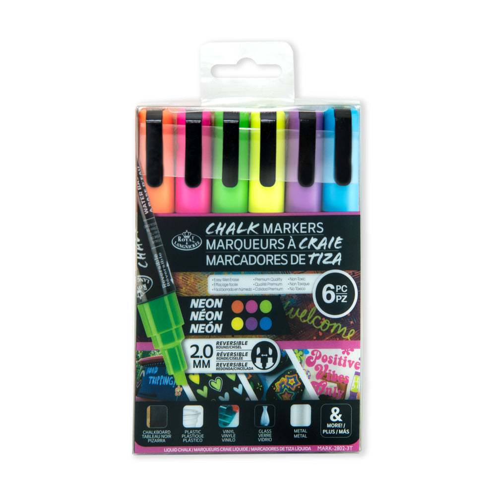 Chalk Markers Set, 2.0mm Reversible Round/Chisel - Neon (6pc)
