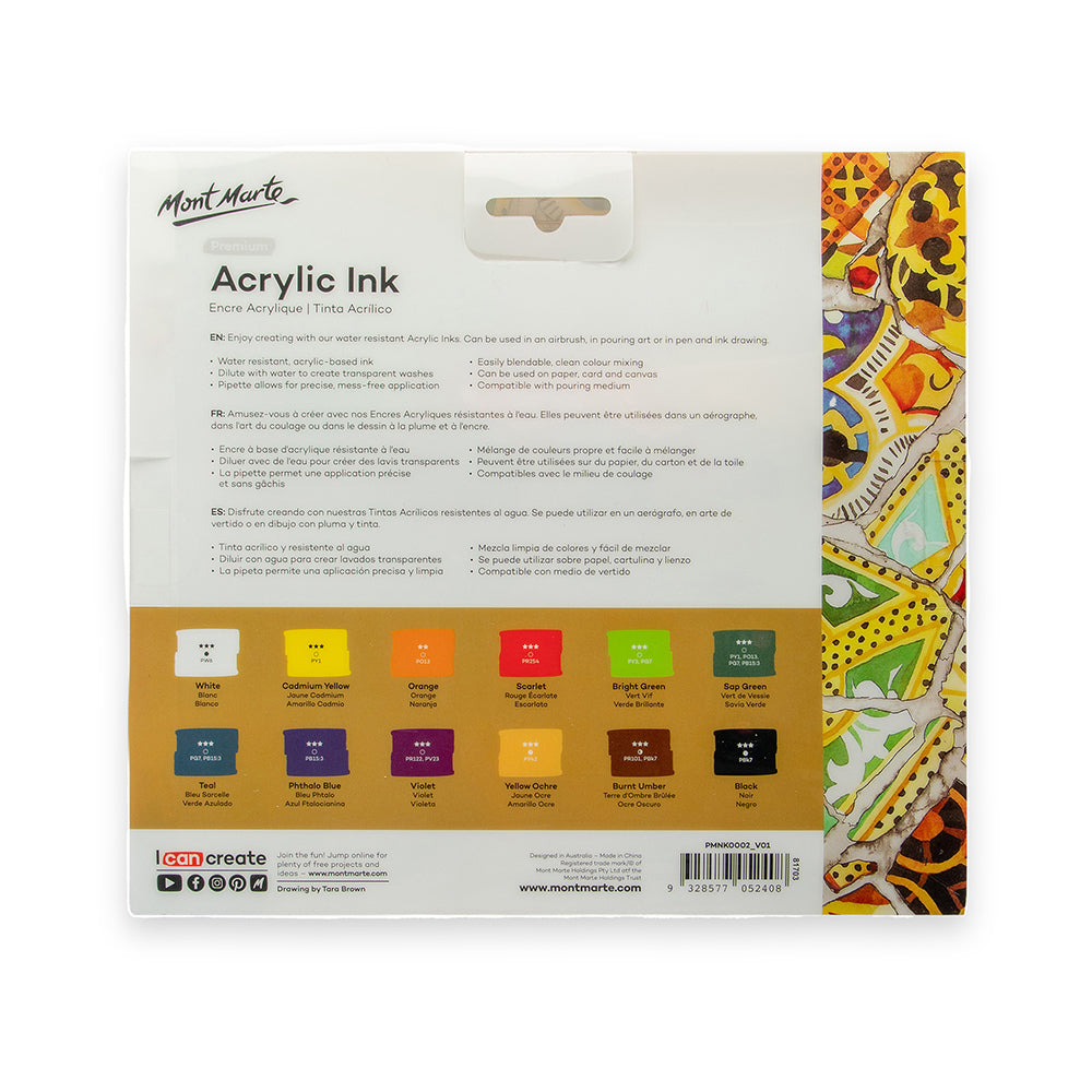MONT MARTE Acrylic Ink - 12 pcs x 20ml (0.7 US fl.oz)