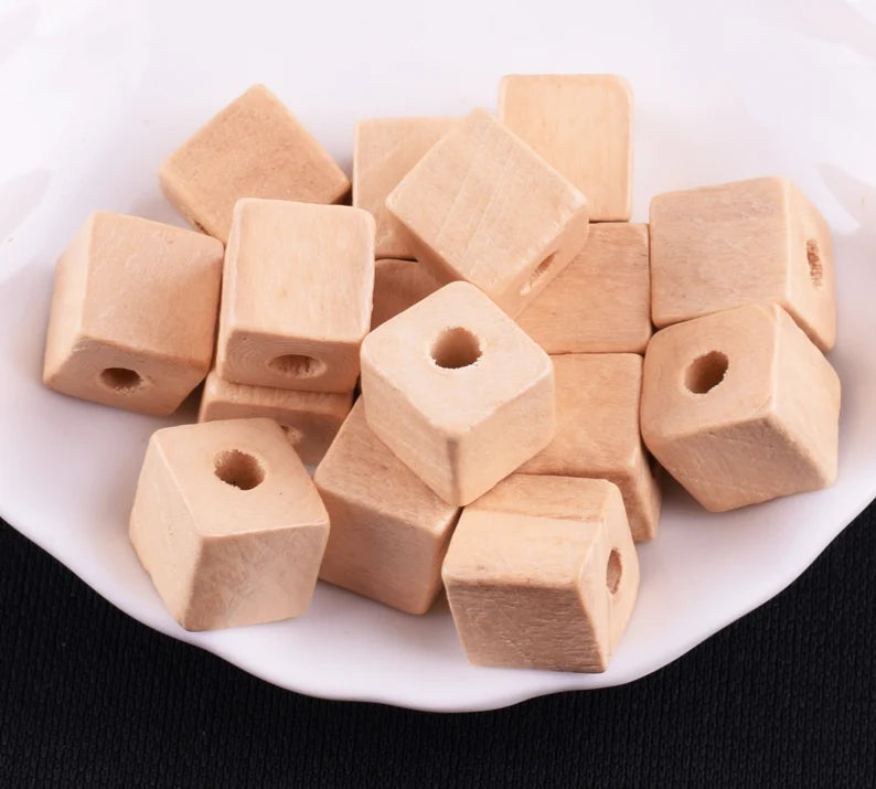 Wood Beads Cube Natural - .39in - 65pc