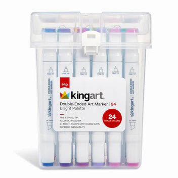 KINGART® PRO Double-Ended Art Alcohol Markers, 24 Bright Palette Colors with Both Fine & Chisel Tips and Superior Blendability