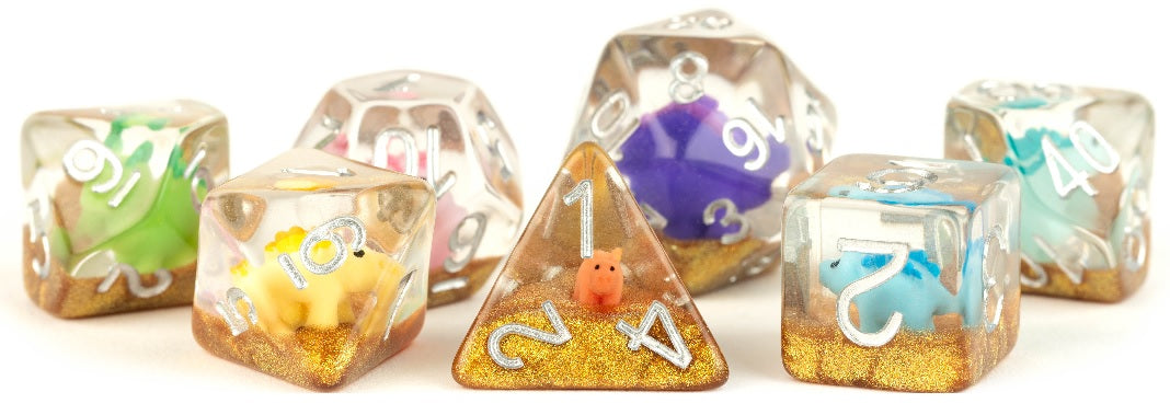 RESIN 7 DICE SET RAINBOW DINOSAUR INCLUSION 16MM