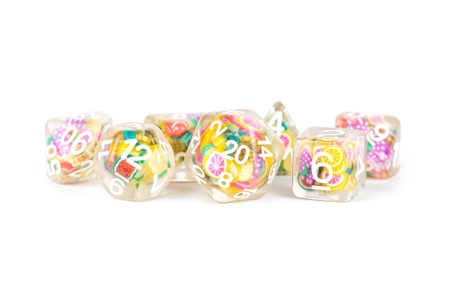 RESIN 7 DICE SET FRUIT INCLUSION 16MM