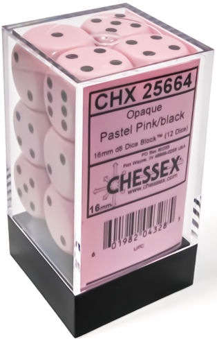 Chessex (25664): OPAQUE 12D6 PASTEL PINK/BLACK 16MM